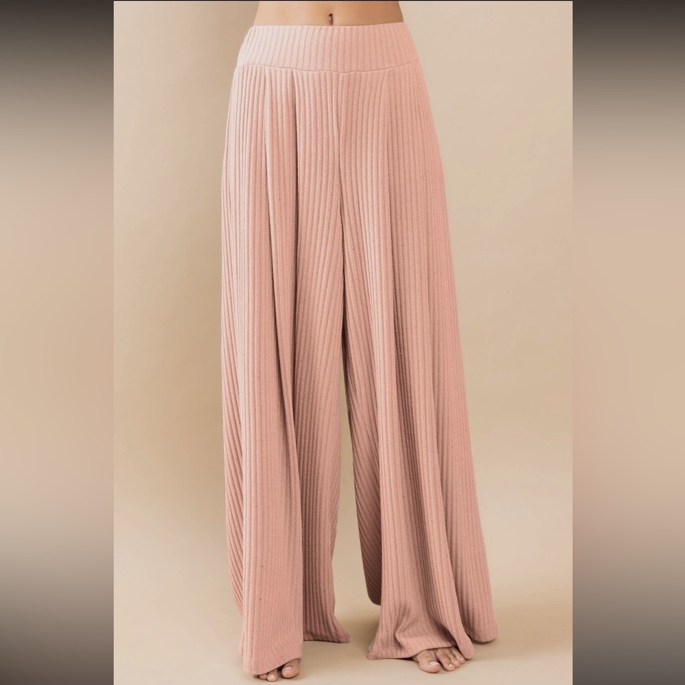 Wide leg rib knit stretchy lightweight sweater palazzo comfy pants